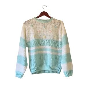 Vintage Hand Knit Pastel Pom Pom Stripe Sweater Women's Size Large